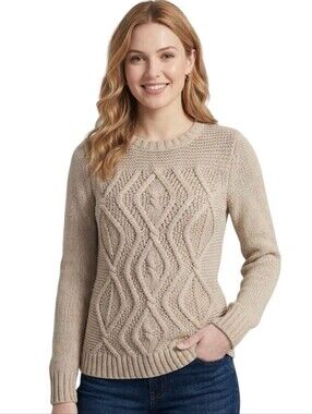 Lands' End Drifter Neutral Sustainable Cotton CableKnit Crewneck Pullover Size S